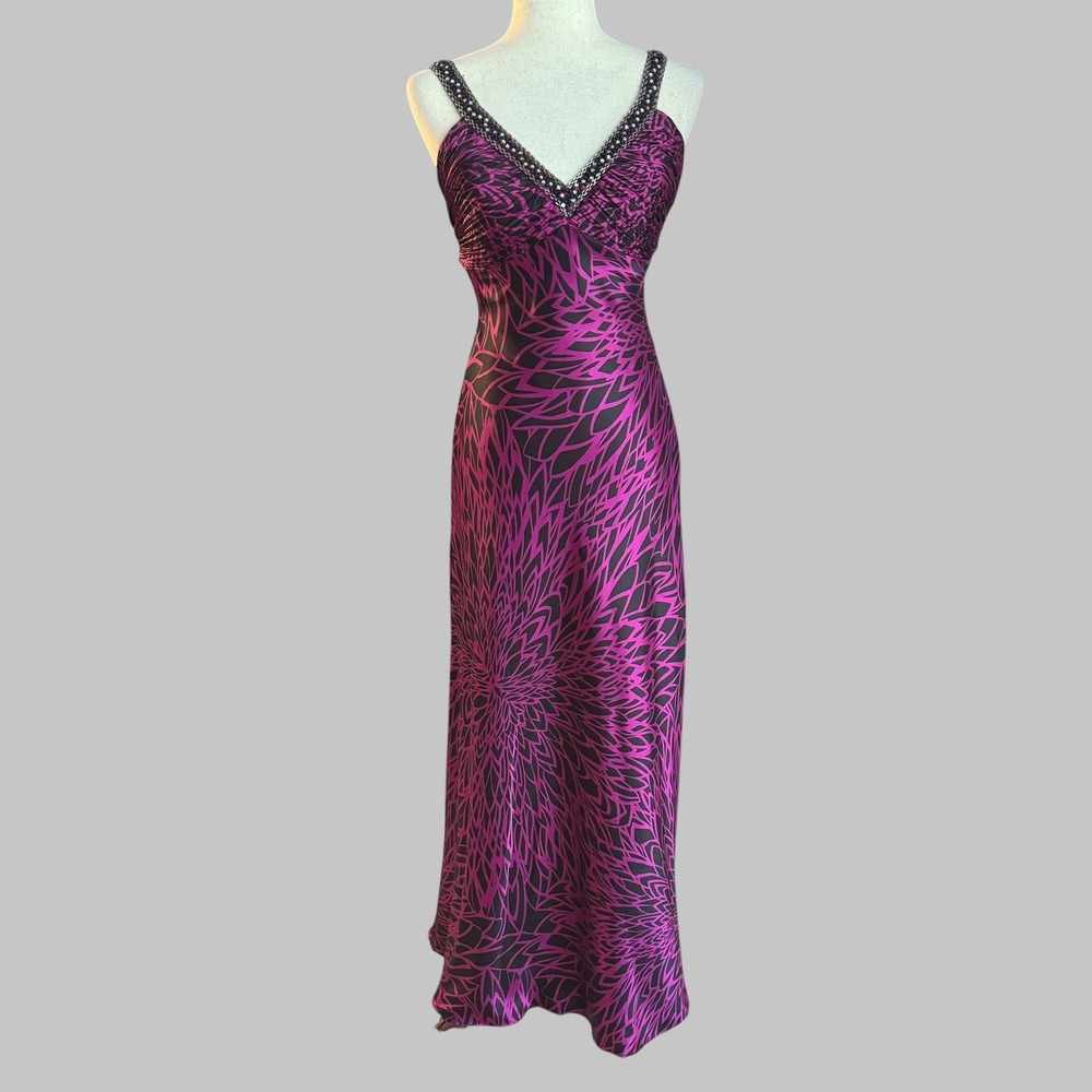 Morgan & Co Magenta Black Abstract Whimsigoth Satin Formal Gown sz 6 7/8 Y2K